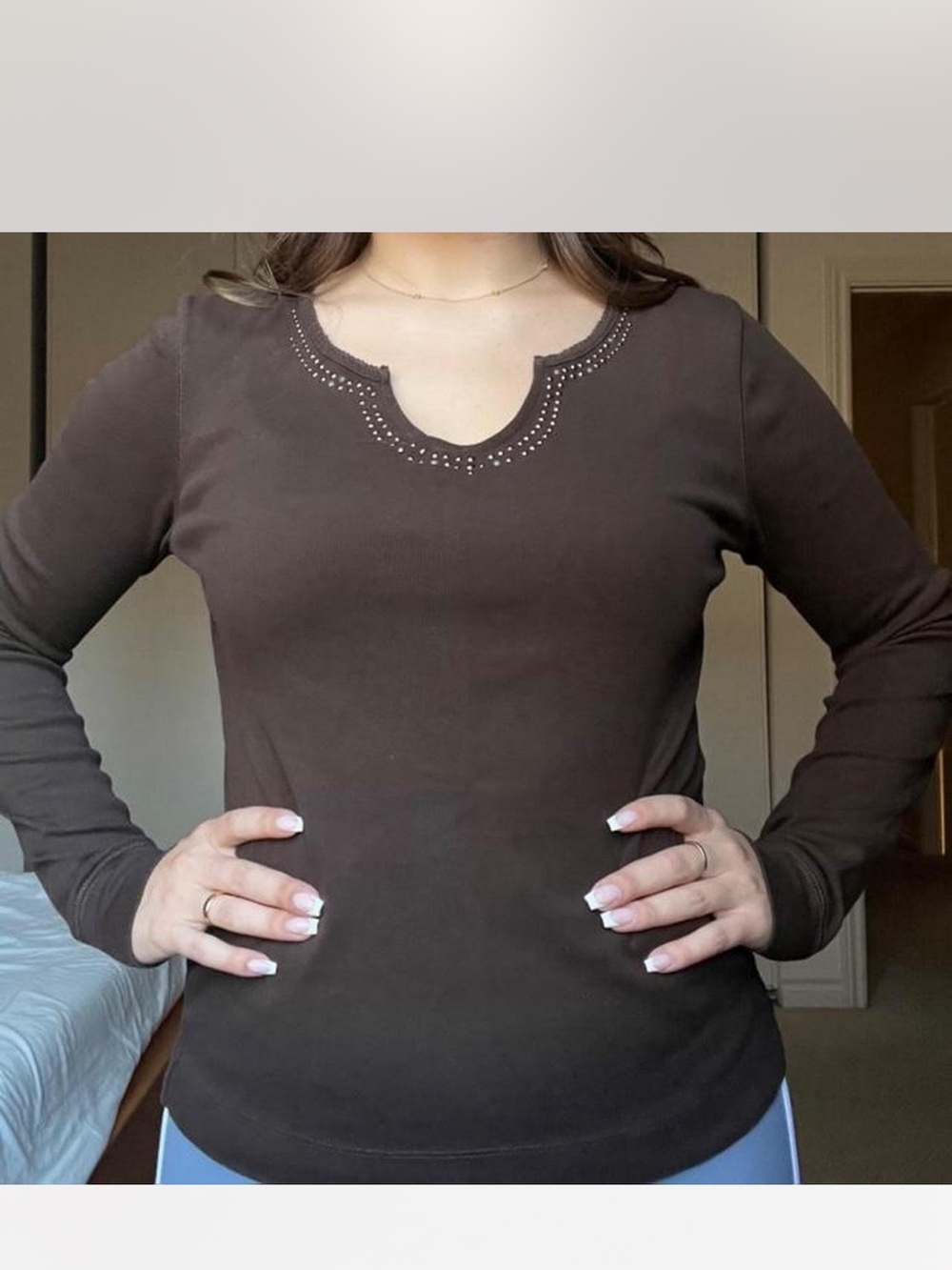 Women's Brown Long-Sleeve Notch Neck Top with Decorative Studs